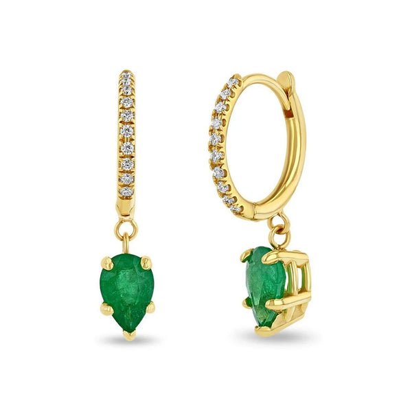 Small Pave Diamond Hinge Huggie Hoops With Pear Emeralds - 1